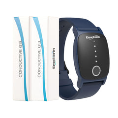 EmeTerm Explore wristband front view in navy for on-wrist nausea relief.