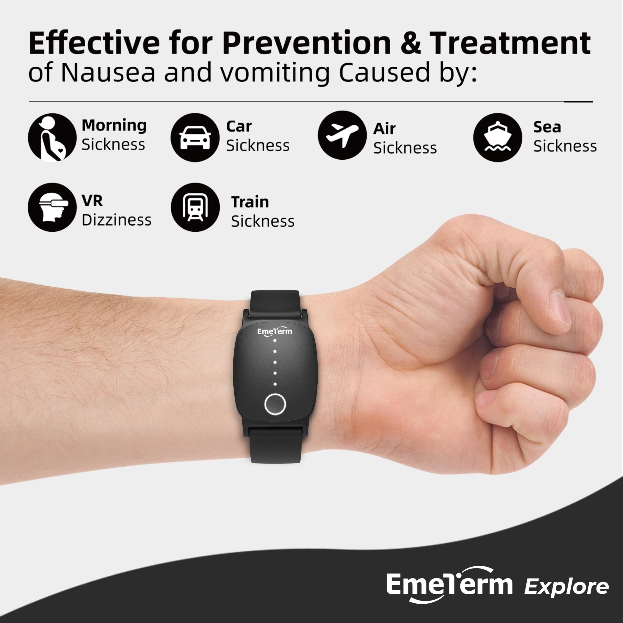 EmeTerm Explore IP67 waterproof wristband for wear during showers and outdoors.