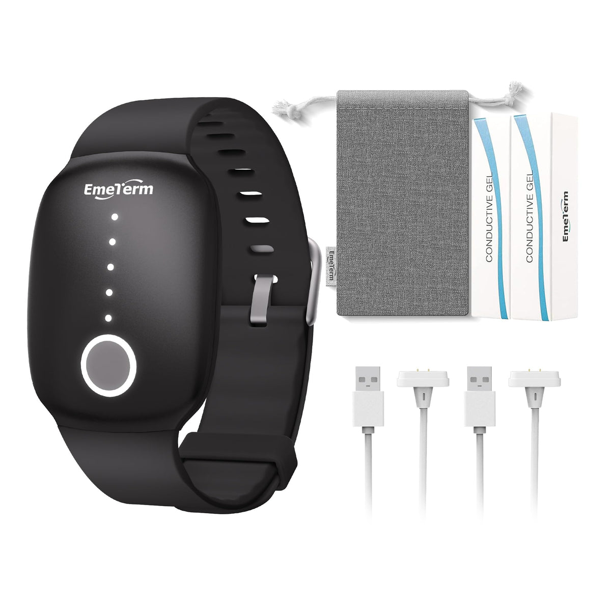 EmeTerm fashion jet black wristband shows Apple Watch compatibility for stylish, anti-nausea wear.