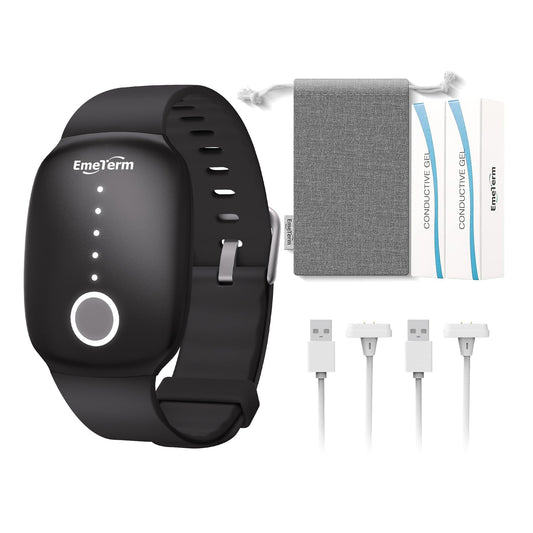 EmeTerm fashion jet black wristband shows Apple Watch compatibility for stylish, anti-nausea wear.