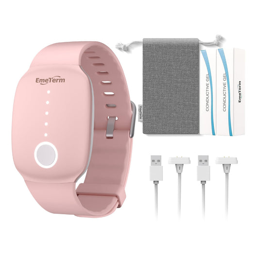 EmeTerm fashion pink wristband closeup for stylish anti-nausea support during travel