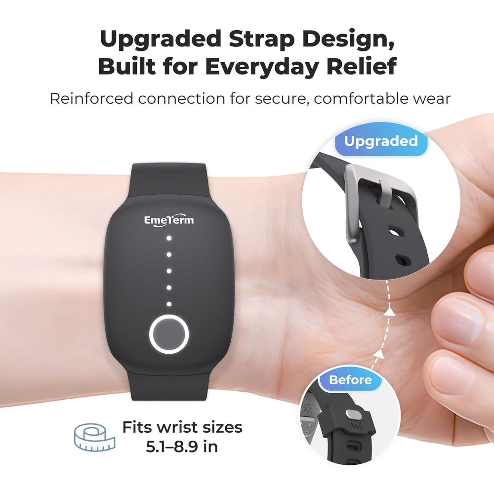EmeTerm Fashion wristband on wrist shown for discreet, drug-free relief during travel