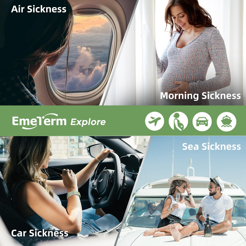 EmeTerm Mint green wristband shown in travel scenario with airplane, car, and boat