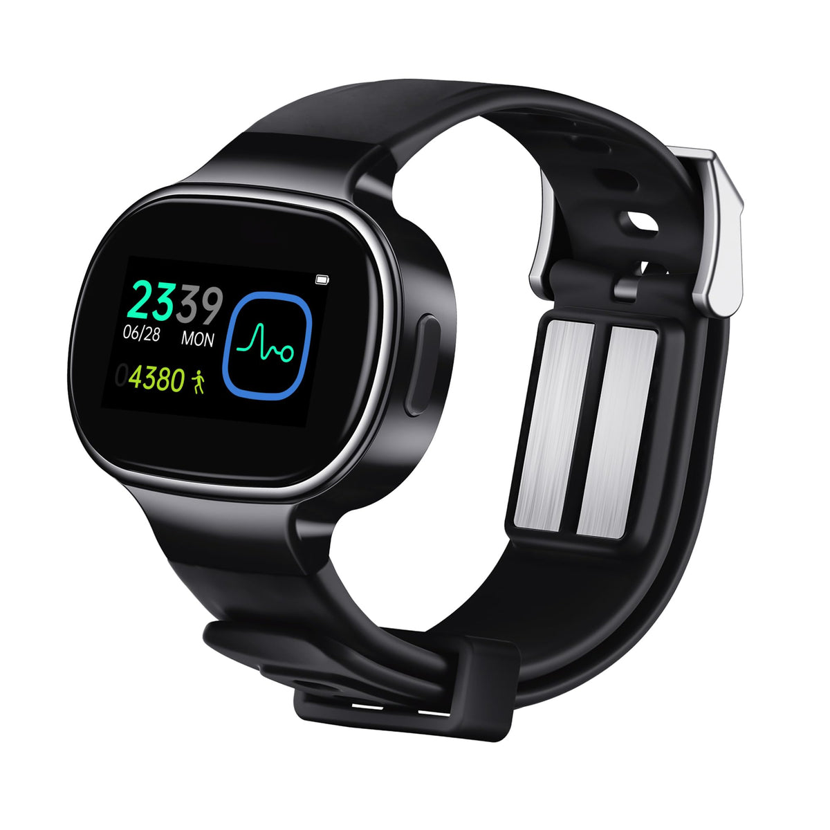 EmeTerm Smart wristwatch on wrist delivering potential nausea relief during travel.