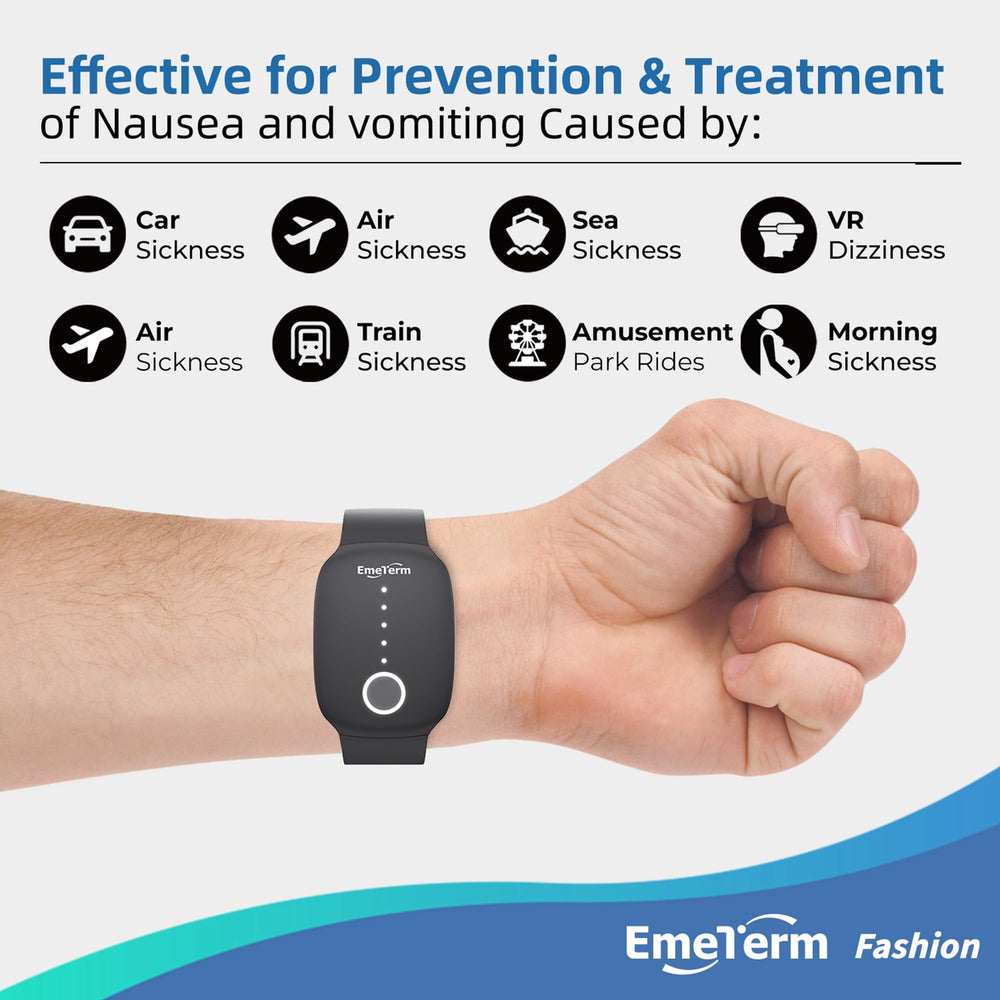 EmeTerm wristband worn on wrist beside Apple Watch showing compatibility.