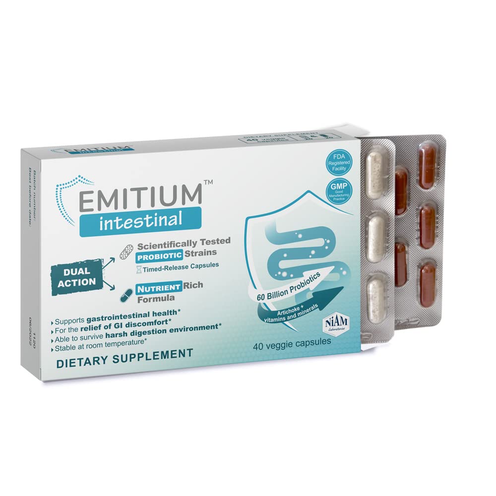Emitium intestinal probiotic capsules support gut balance and digestion.