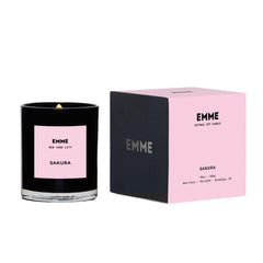 EMME Sakura scented candle jar in black glass with soy wax for a clean burn and long-lasting fragrance.