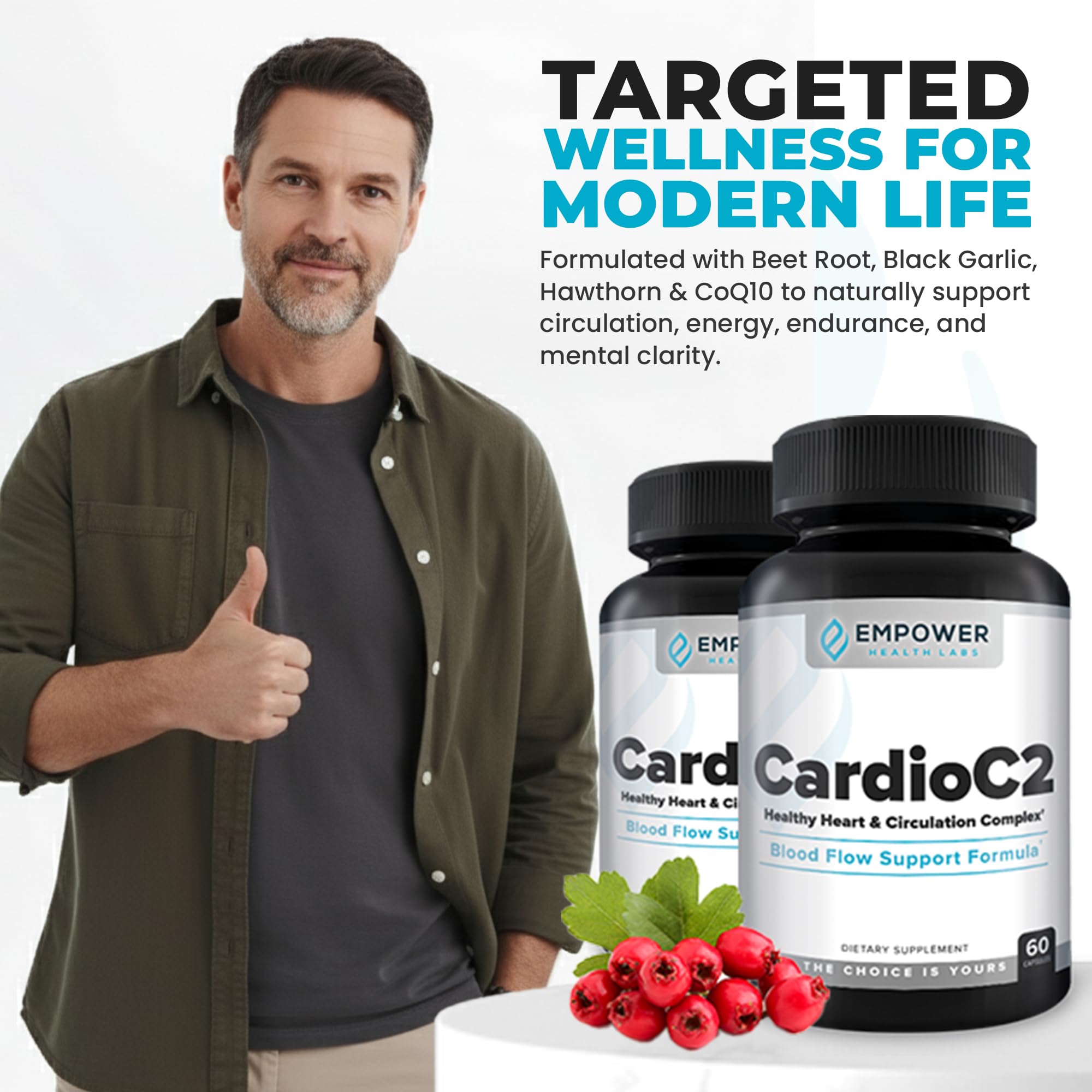 CardioC2 bottle beside glass of water for daily vitality and focus.