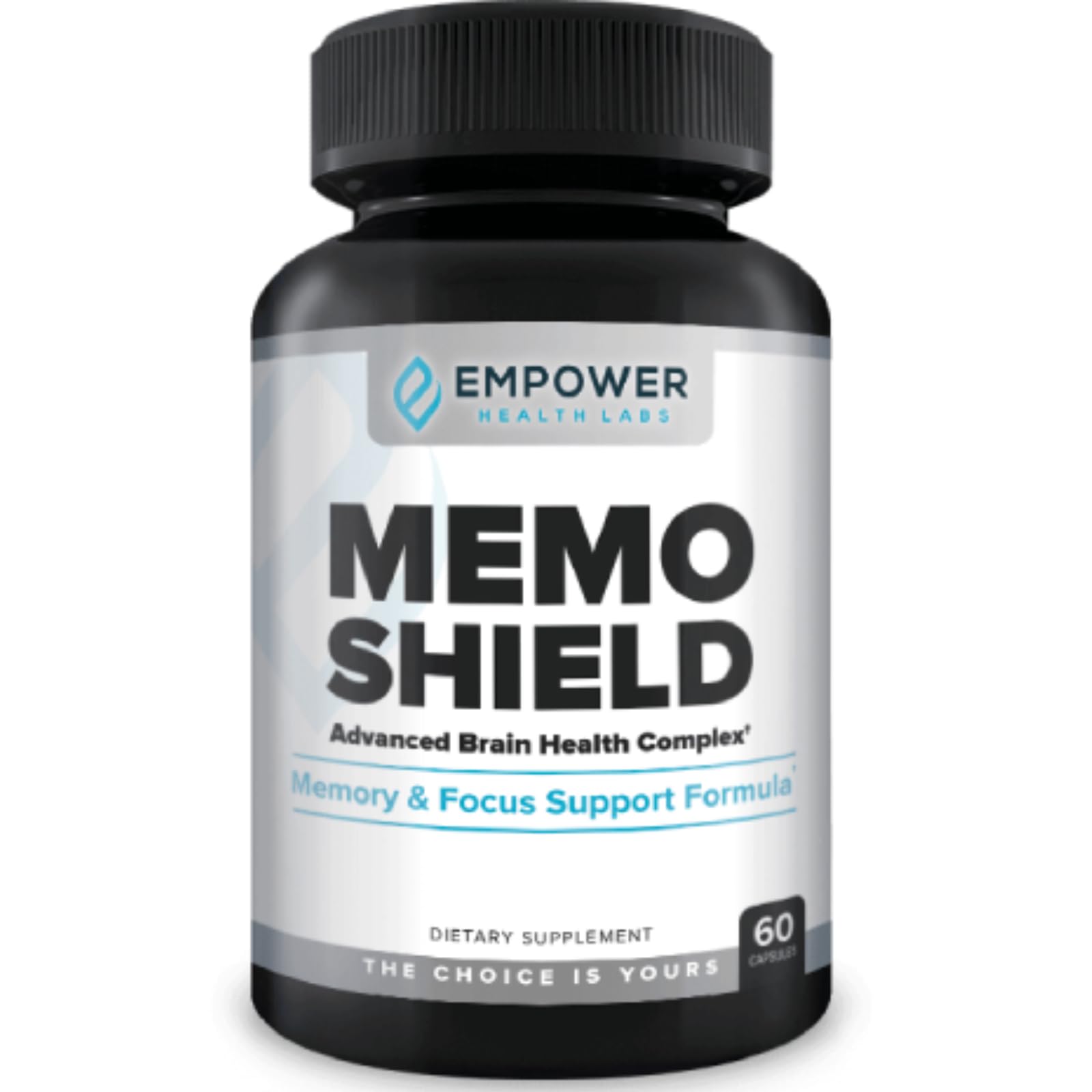 MemoShield bottle label – clear branding for easy recognition and daily brain support.
