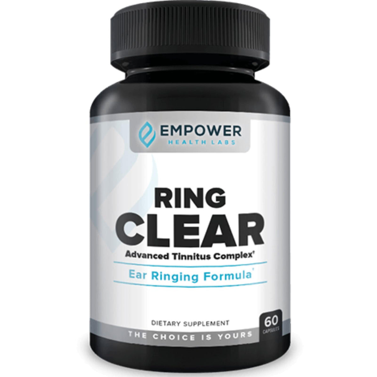 Empower Health Labs Ring Clear bottle front showing the product for daily natural relief from ear buzzing.