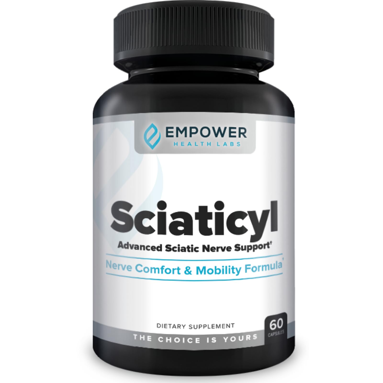 Empower Health Labs Sciaticyl bottle label highlights nerve support for daily mobility.