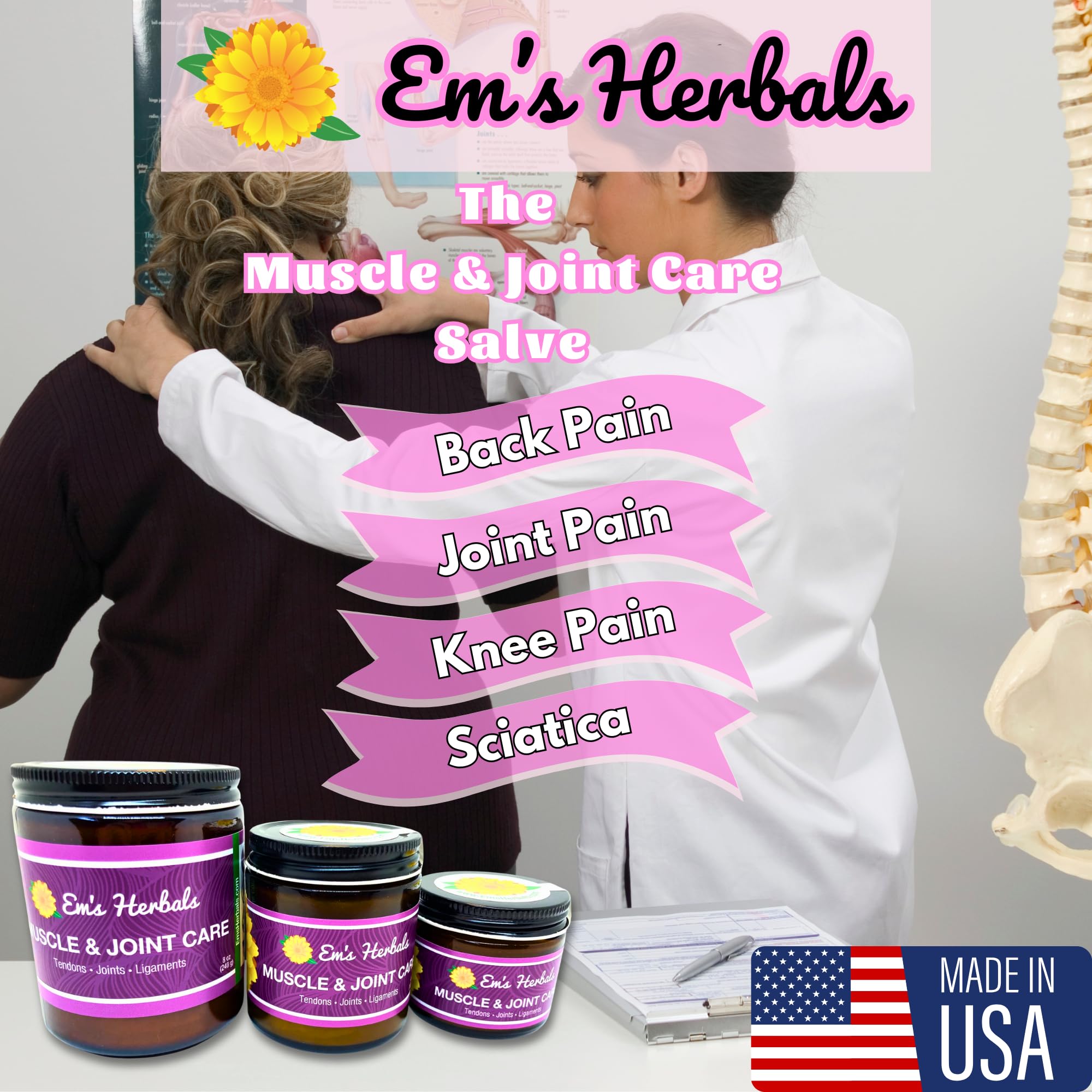 Em's Herbals Arnica Salve applied to the back for soothing relief