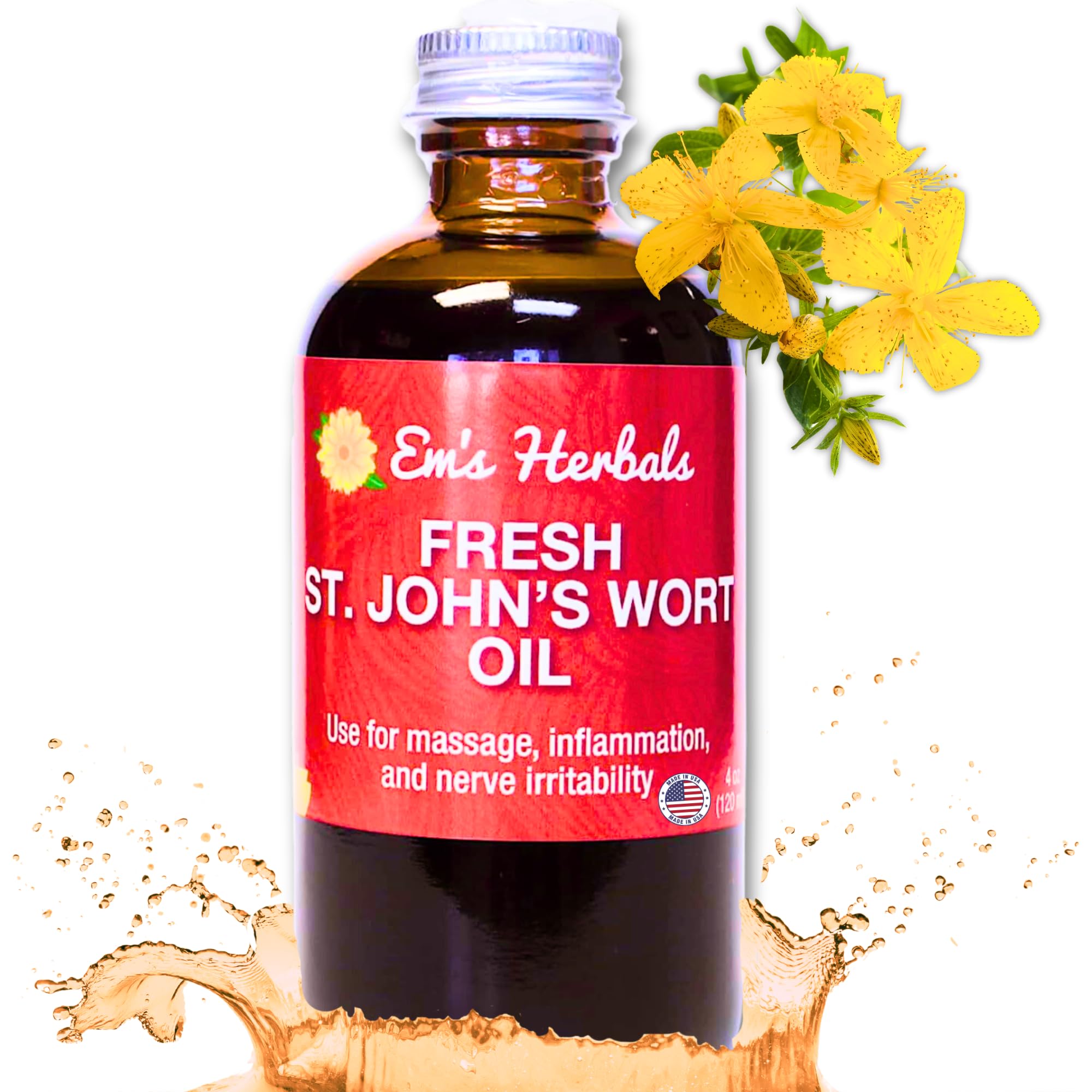 Em's Herbals St. John's Wort Oil bottle highlights wild-harvested USA ingredients for skin and nerves.