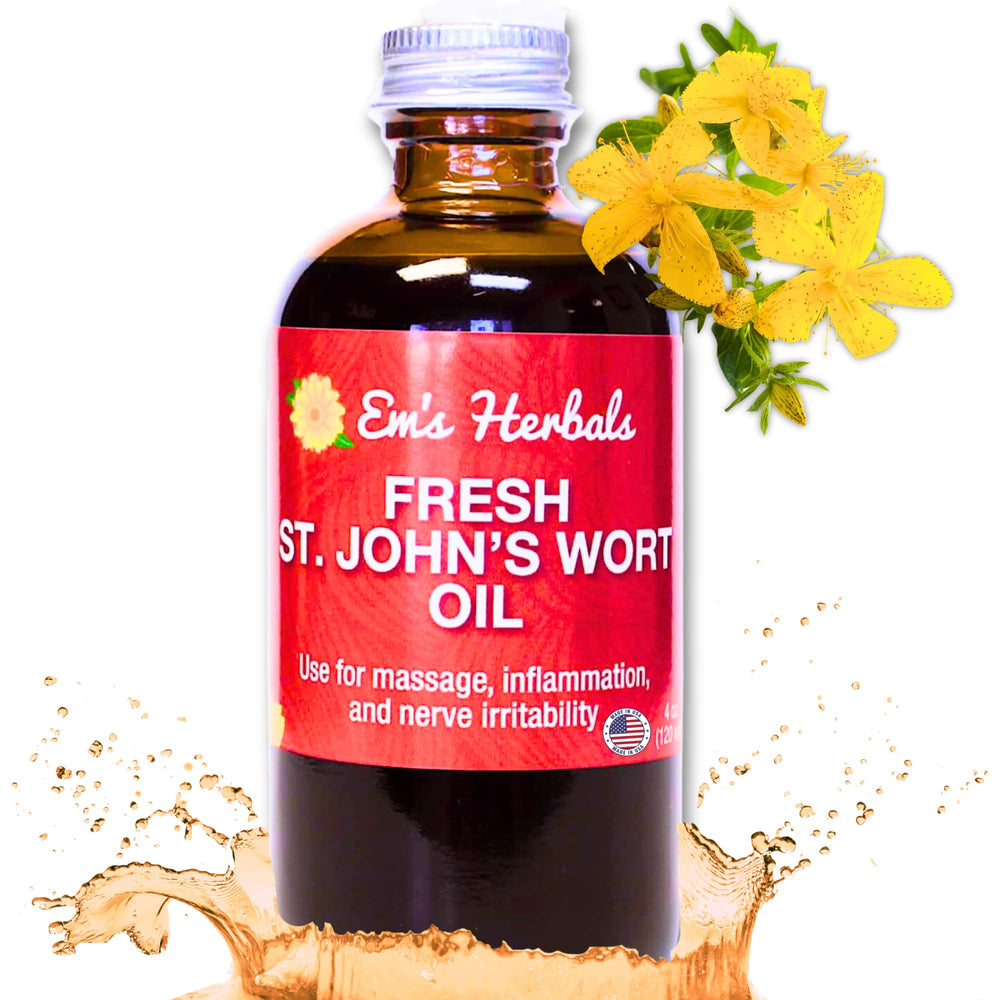 Em's Herbals St. John's Wort Oil bottle highlights wild-harvested USA ingredients for skin and nerves.