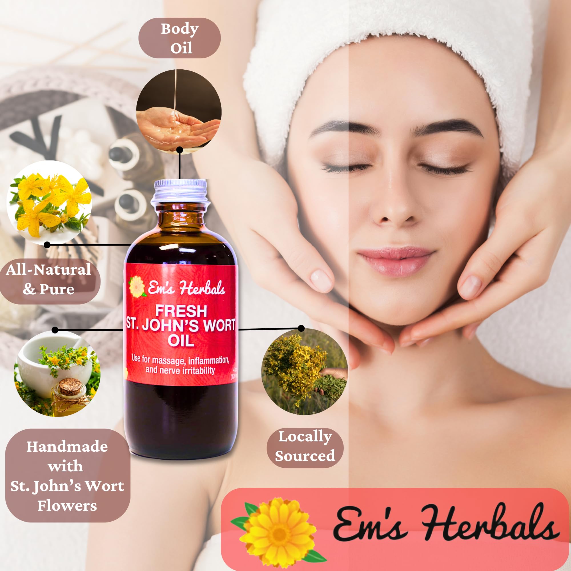 Ingredients shot of Em's Herbals St. John's Wort Oil highlighting wild-harvested plants from the Pacific Northwest.