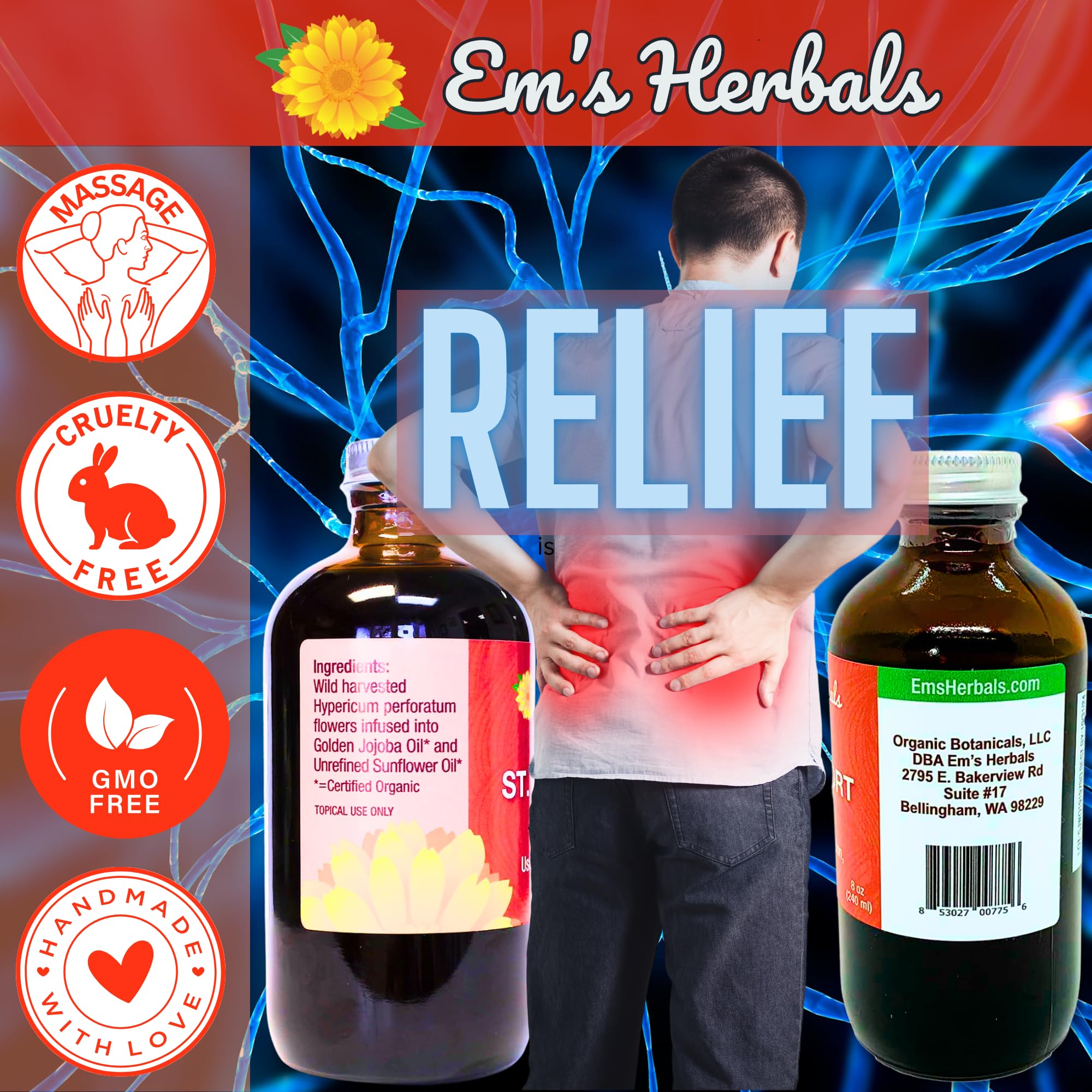 Em's Herbals St. John's Wort Oil wound care focus for minor scratches.