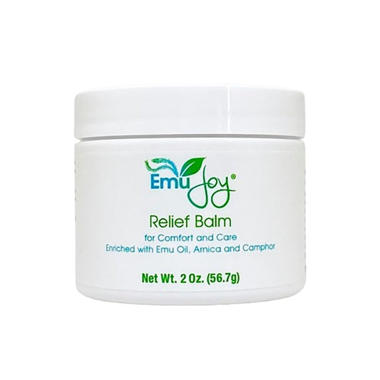 Emu Joy Relief Balm jar shows 20% emu oil for deep skin conditioning.