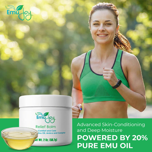 Close-up of Emu Joy Relief Balm texture, highlighting fast-absorption.