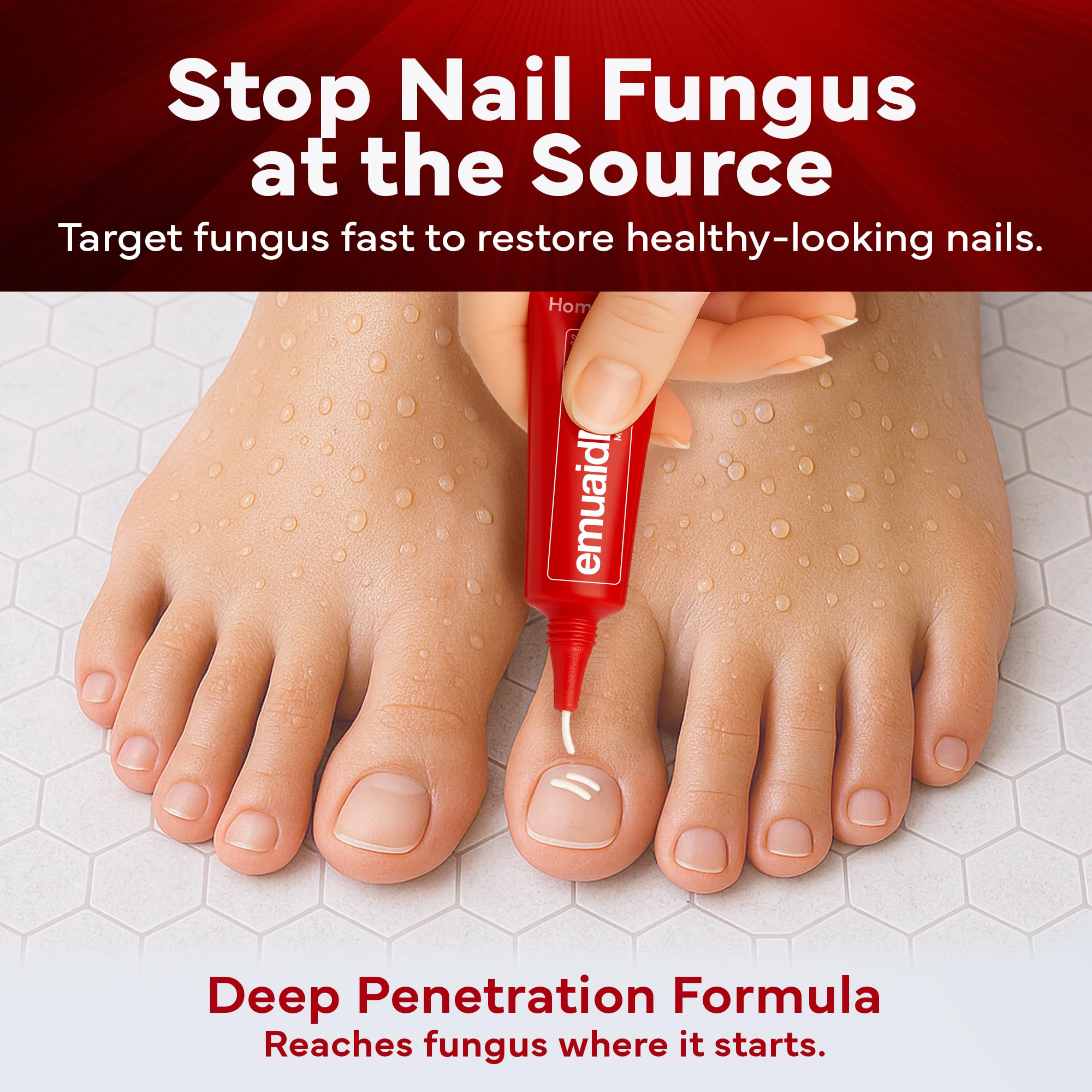 EMUAIDMAX bottle close-up highlighting natural ingredients like Tea Tree Oil.