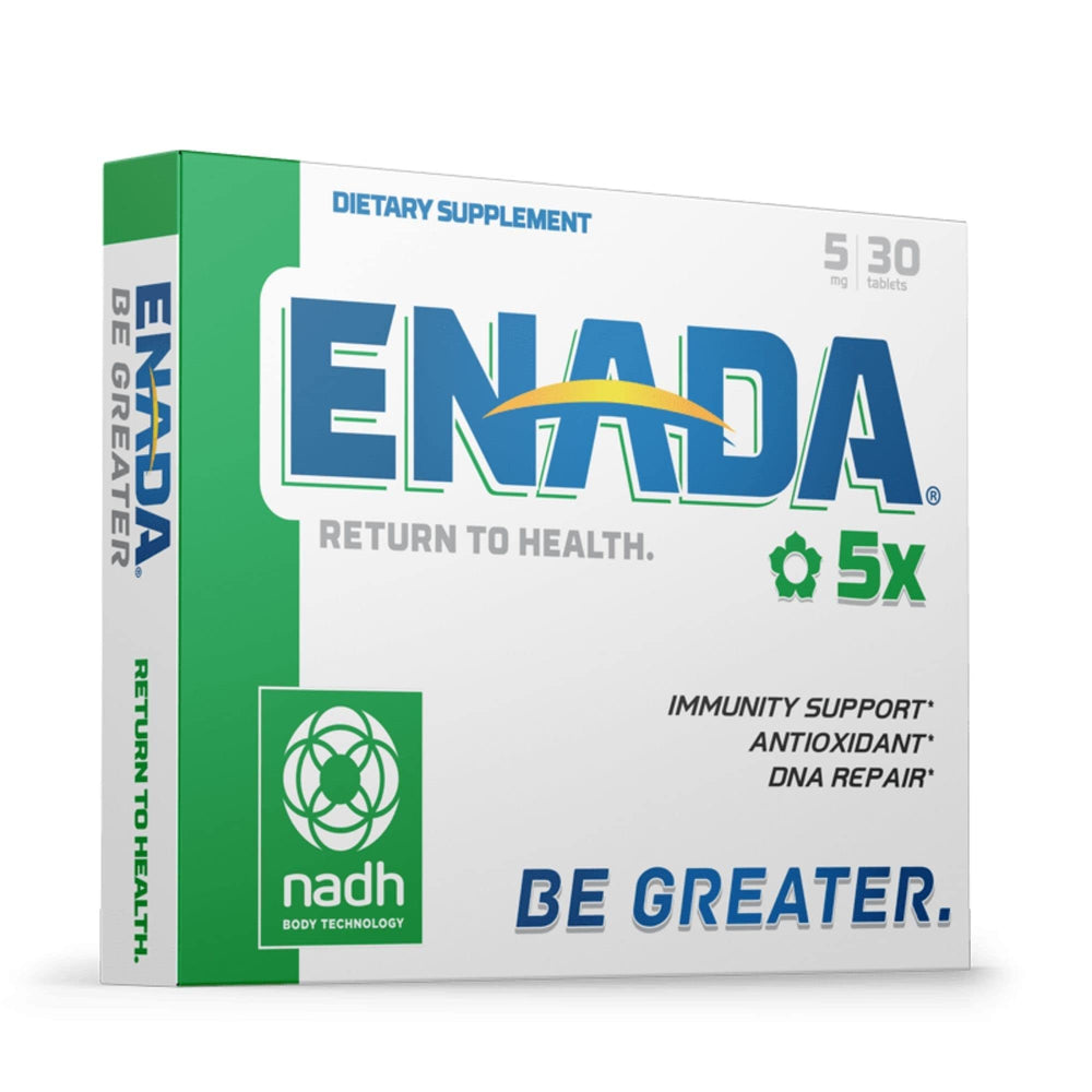 ENADA NADH bottle with label highlights energy support and DNA repair potential.