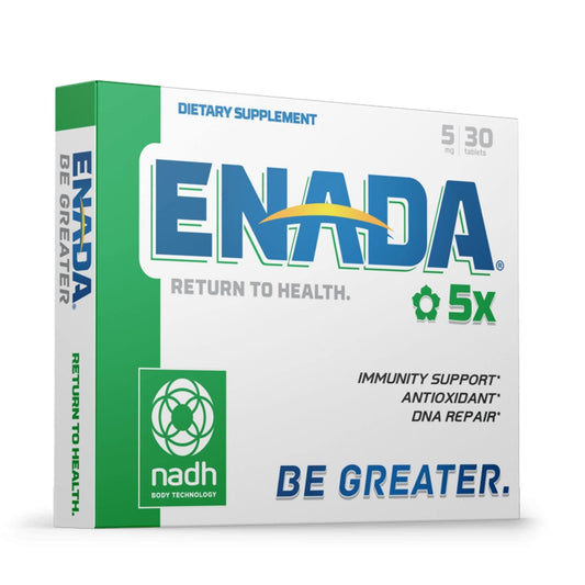 ENADA NADH bottle with label highlights energy support and DNA repair potential.