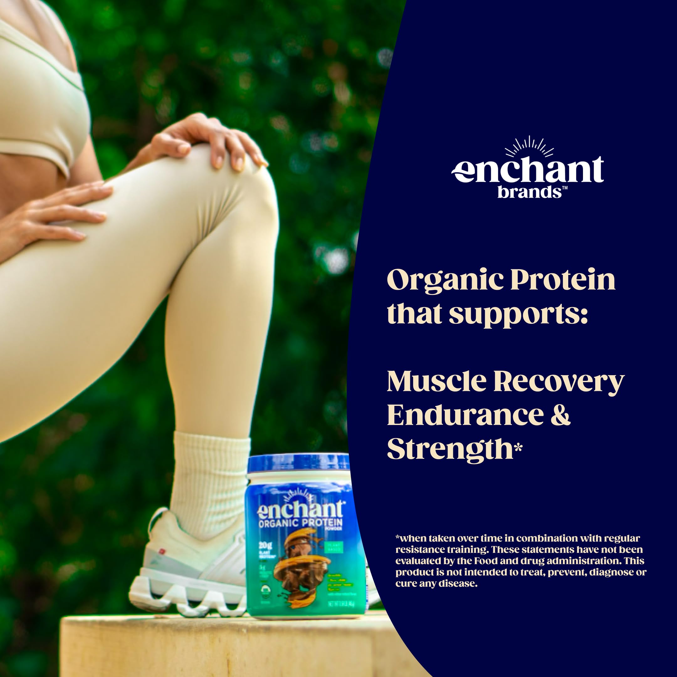 Enchant Organic Protein Powder close-up; chocolate swirl aroma enhancing enjoyment.