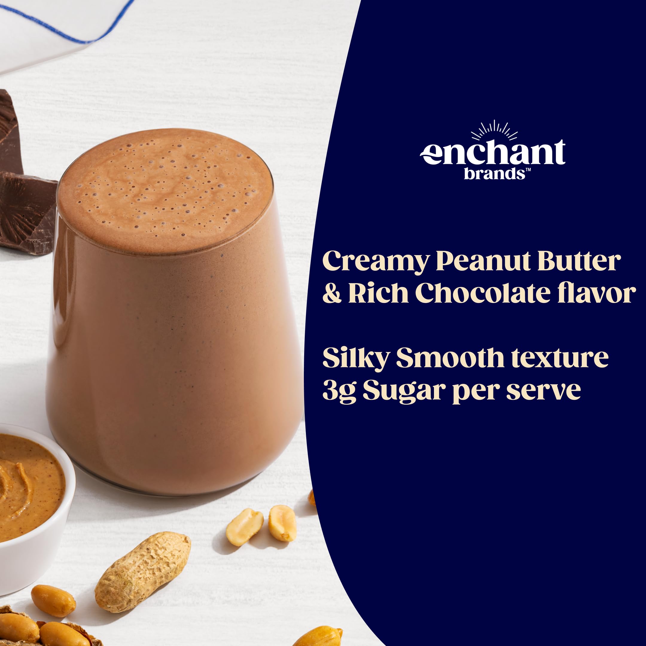 Enchant Organic protein powder in glass; dairy-free, non-GMO benefits.