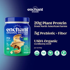 Enchant Organic Protein Powder label shows USDA Organic and Non-GMO status
