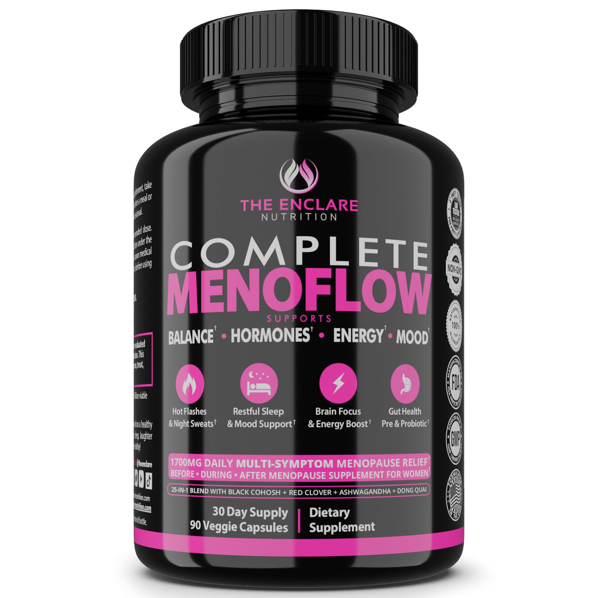 Enclare Nutrition MenoFlow bottle shows a 90-capsule supply for monthly support