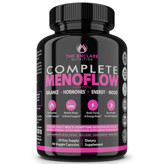 Enclare Nutrition MenoFlow bottle shows a 90-capsule supply for monthly support