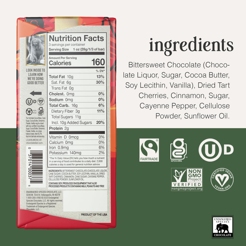 Endangered Species Chocolate bar cinnamon cayenne cherries cross-section reveals rich texture