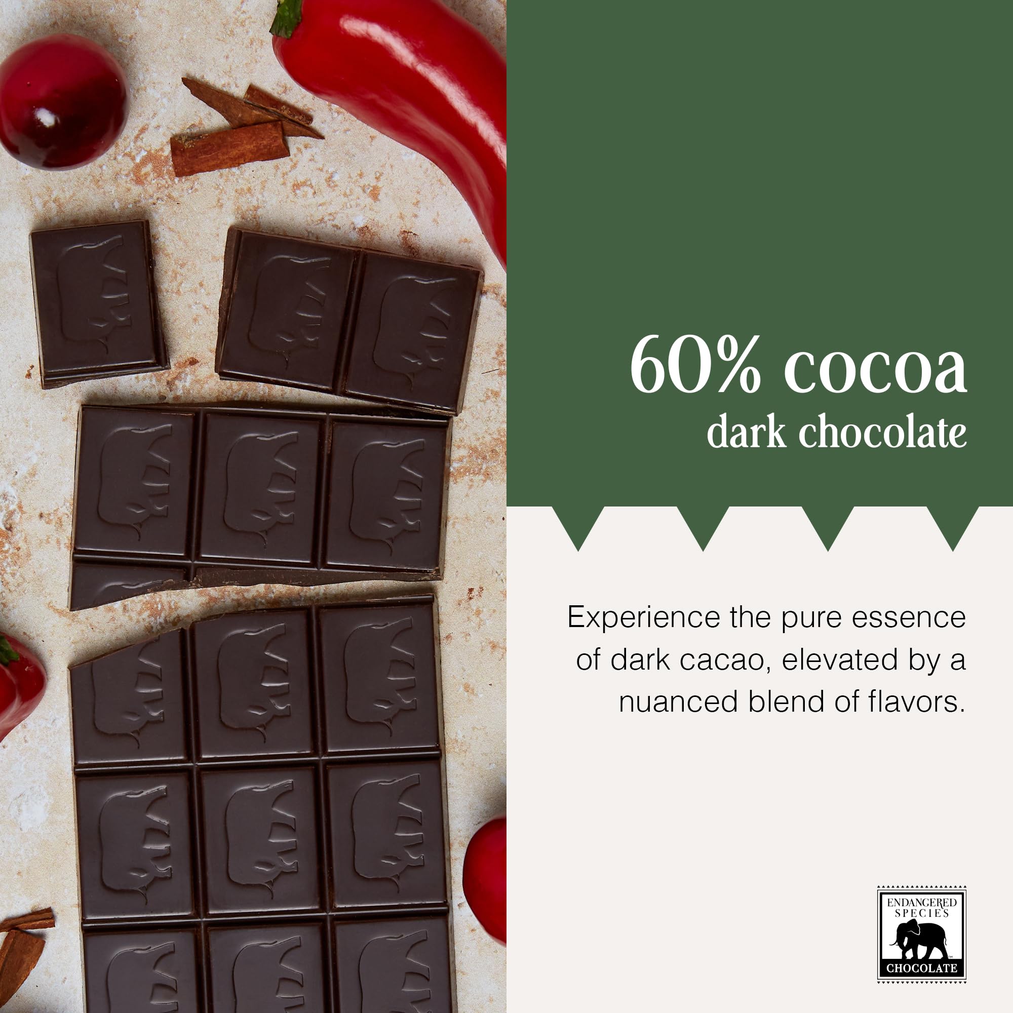 Endangered Species Chocolate bar cinnamon cayenne cherries foil wrap suggests gift-ready packaging