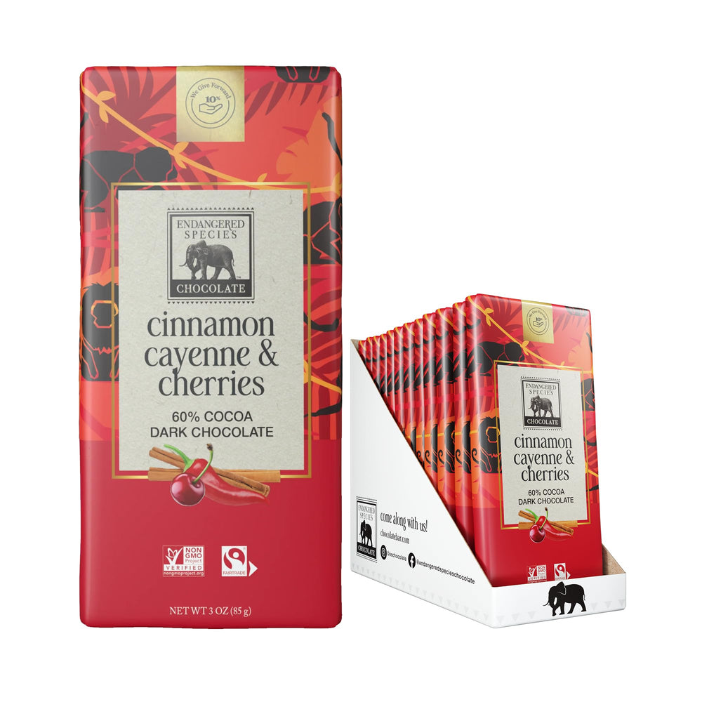 Endangered Species Chocolate bar cinnamon cayenne cherries wrapper front shows bold flavor for snacking