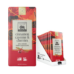 Endangered Species Chocolate bar cinnamon cayenne cherries wrapper front shows bold flavor for snacking