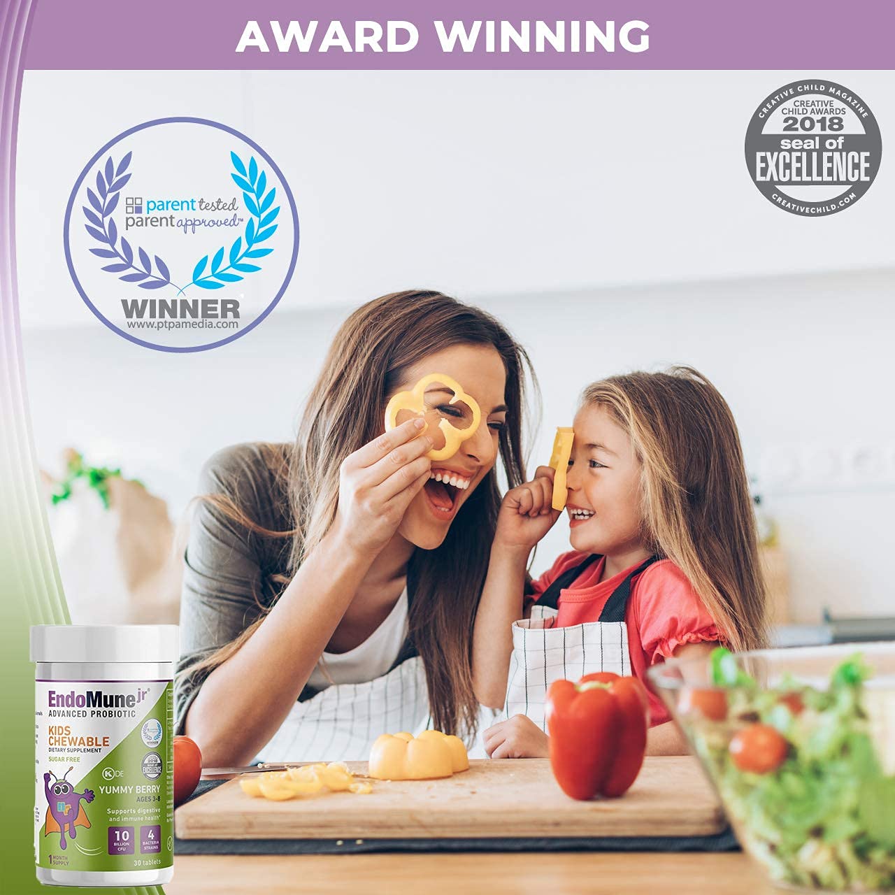Endomune Jr Advanced family-friendly packaging indicates simple daily routines for parents.