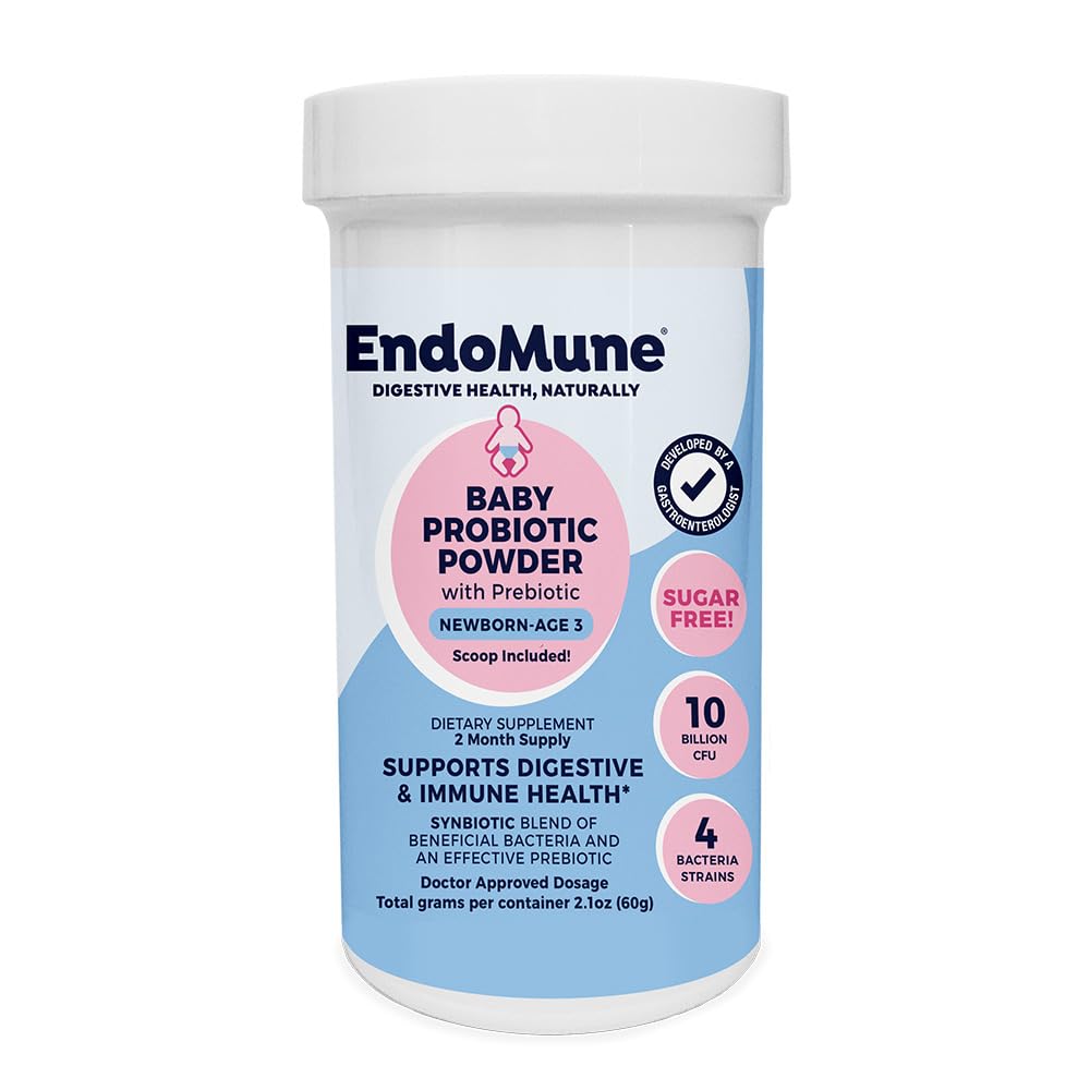 Endomune Jr probiotic powder bottle ready for gentle tummy comfort in babies
