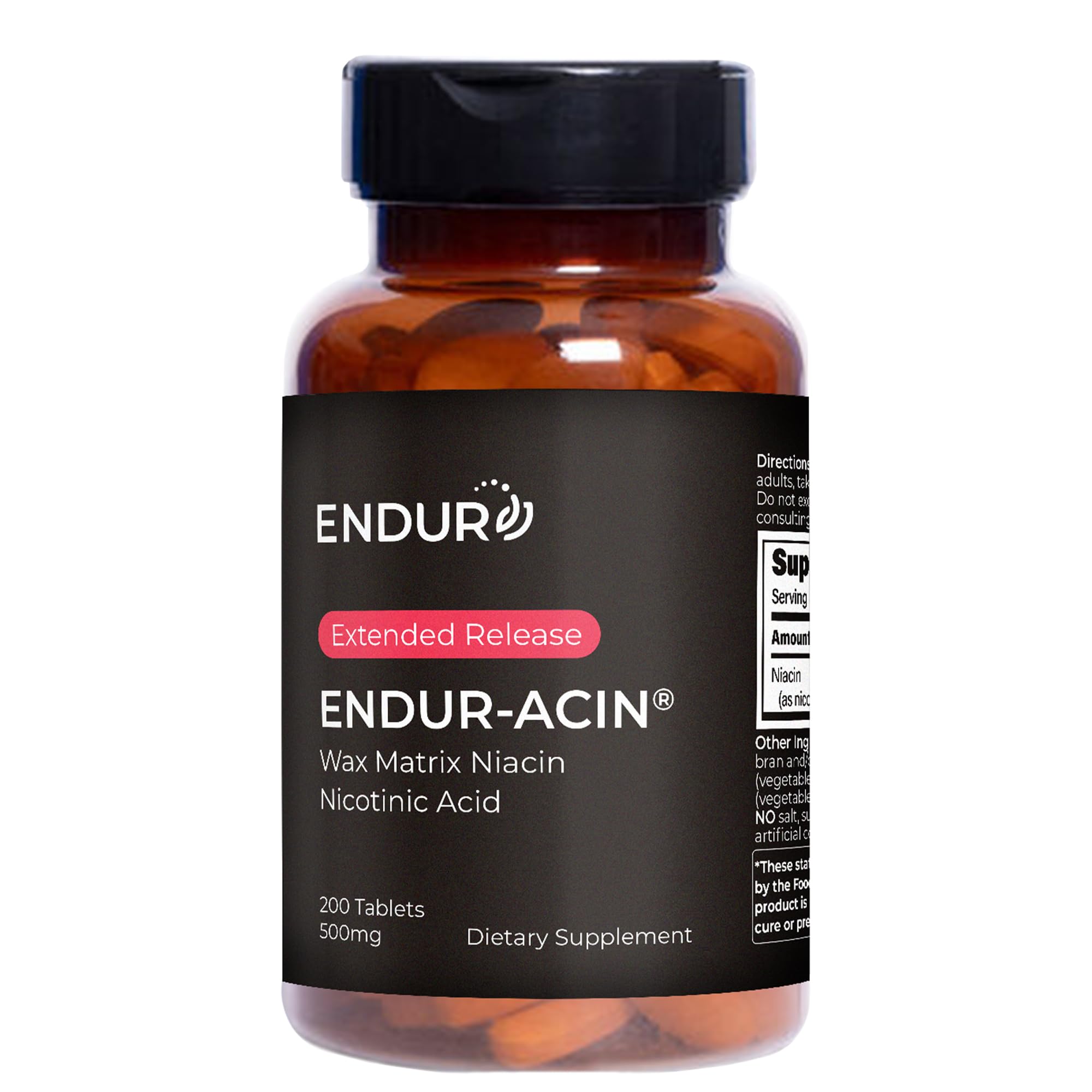 Endur-Acin 500 mg tablet close-up showing a potent niacin option for heart health support.