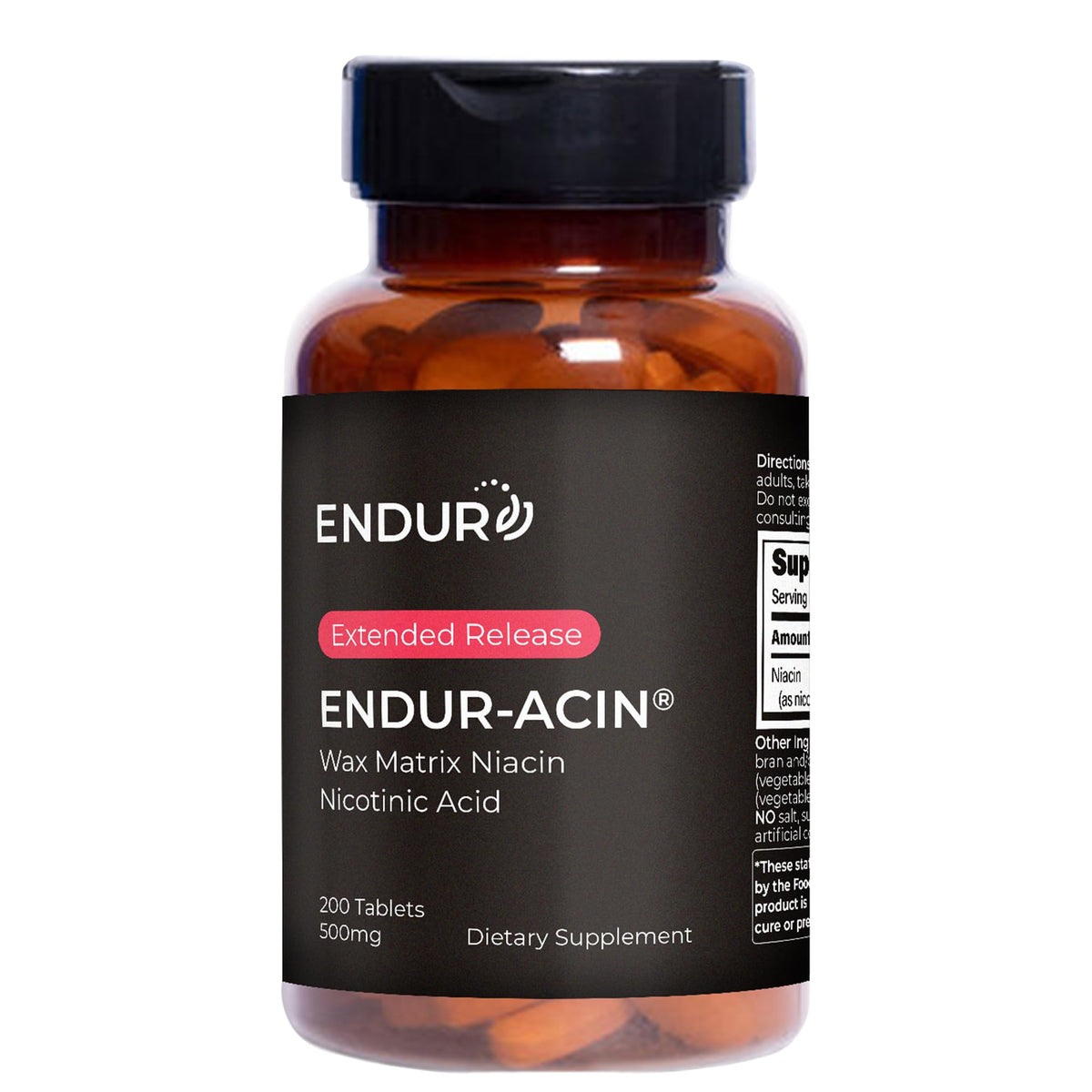 Endur-Acin 500 mg tablet close-up showing a potent niacin option for heart health support.