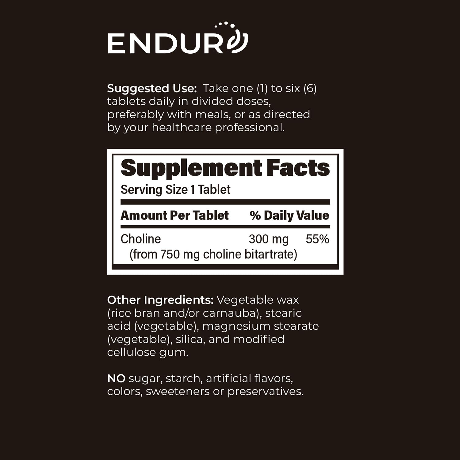 Close-up of dosage chart on Endurance Choline L(+)-Bitartrate SR label.