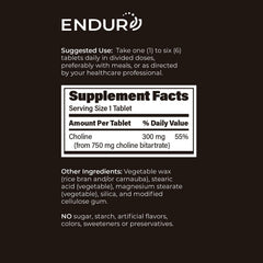 Close-up of dosage chart on Endurance Choline L(+)-Bitartrate SR label.