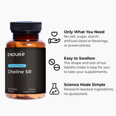 USA-made Endurance Choline L(+)-Bitartrate SR bottle on display.