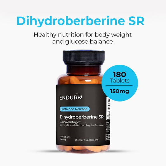 Close-up of Endur Dihydroberberine SR tablets showing easy-to-swallow design for daily use.