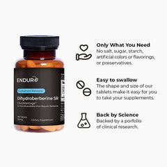 Endur Dihydroberberine SR bottle emphasizes USA-made quality and safety standards.