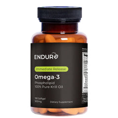 Endur Omega-3 phospholipid bottle with easy-to-swallow softgels.