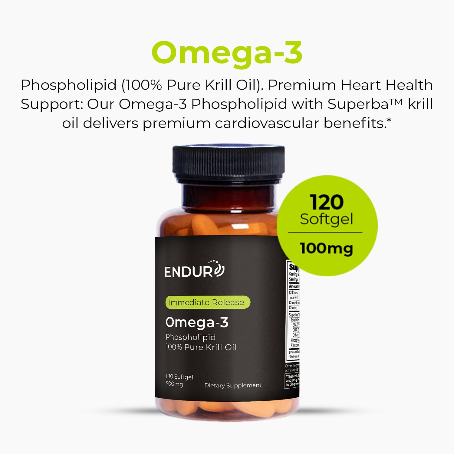 Close-up of Endur Omega-3 softgels showing smooth capsules.