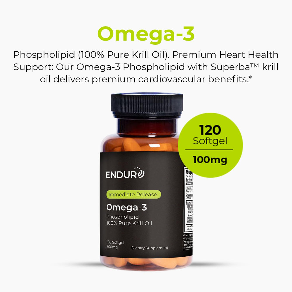 Close-up of Endur Omega-3 softgels showing smooth capsules.