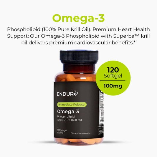 Close-up of Endur Omega-3 softgels showing smooth capsules.