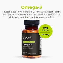 Close-up of Endur Omega-3 softgels showing smooth capsules.