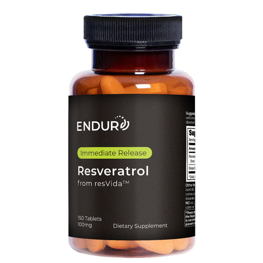 Endur Resveratrol bottle label showing 100 mg trans-resveratrol for cardiovascular support