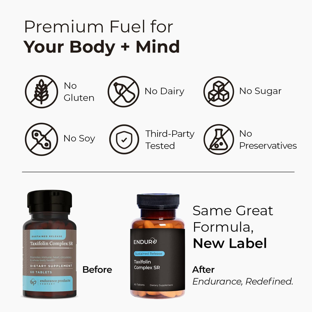 Endurance ENDUR Taxifolin Complex SR label closeup with dosage and ingredients.
